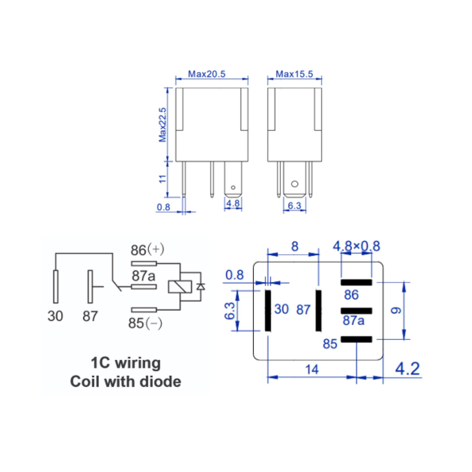 Relais inverseur micro 5 broches 12V 35-25A avec diode