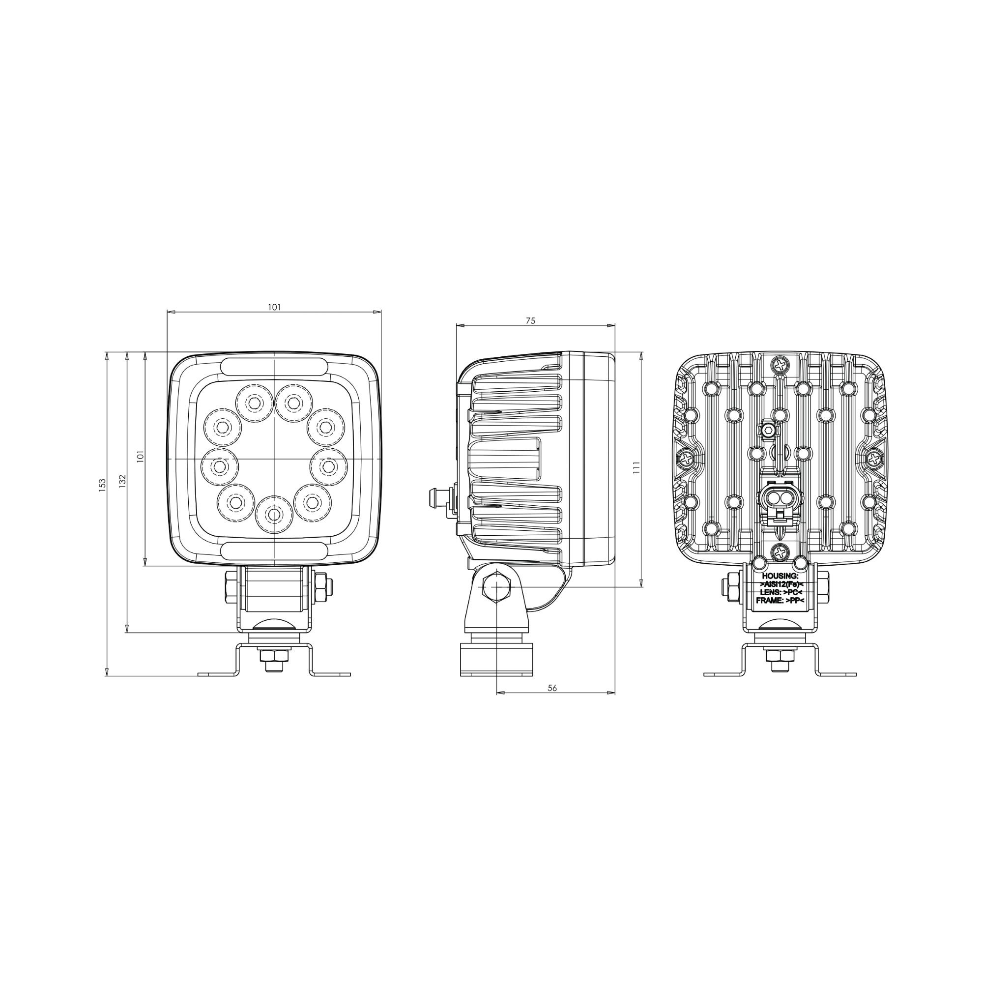Lampe de travail LED W143/70 12-70V 3000lm spot 101x101x75mm 1,5m câble