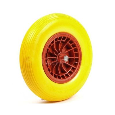 Kruiwagenwiel 4.00-8 pu plastic geel met rollager
