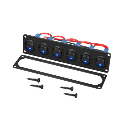 Paneel 160x38mm met 6 ronde on-off LED tuimelschakelaars 12-24V
